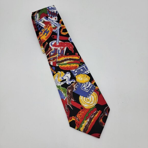 Next Exit Tie BBQ Colorful Fun Novelty Tie - Cookout Fast Food Burger Soda Fries - Picture 1 of 8